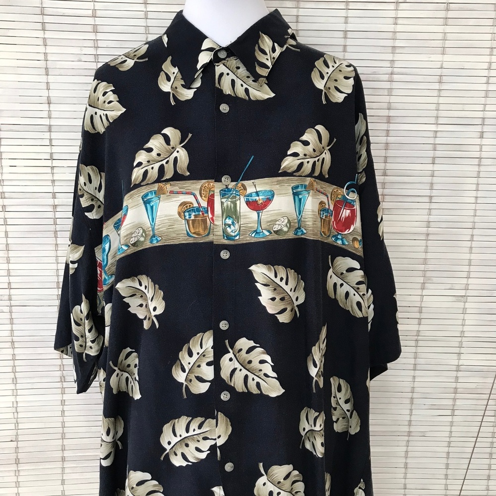 Pierre Cardin Tropical XL Blue Hawaii Drink Aloha Shirt Black Resort Bar Casual
